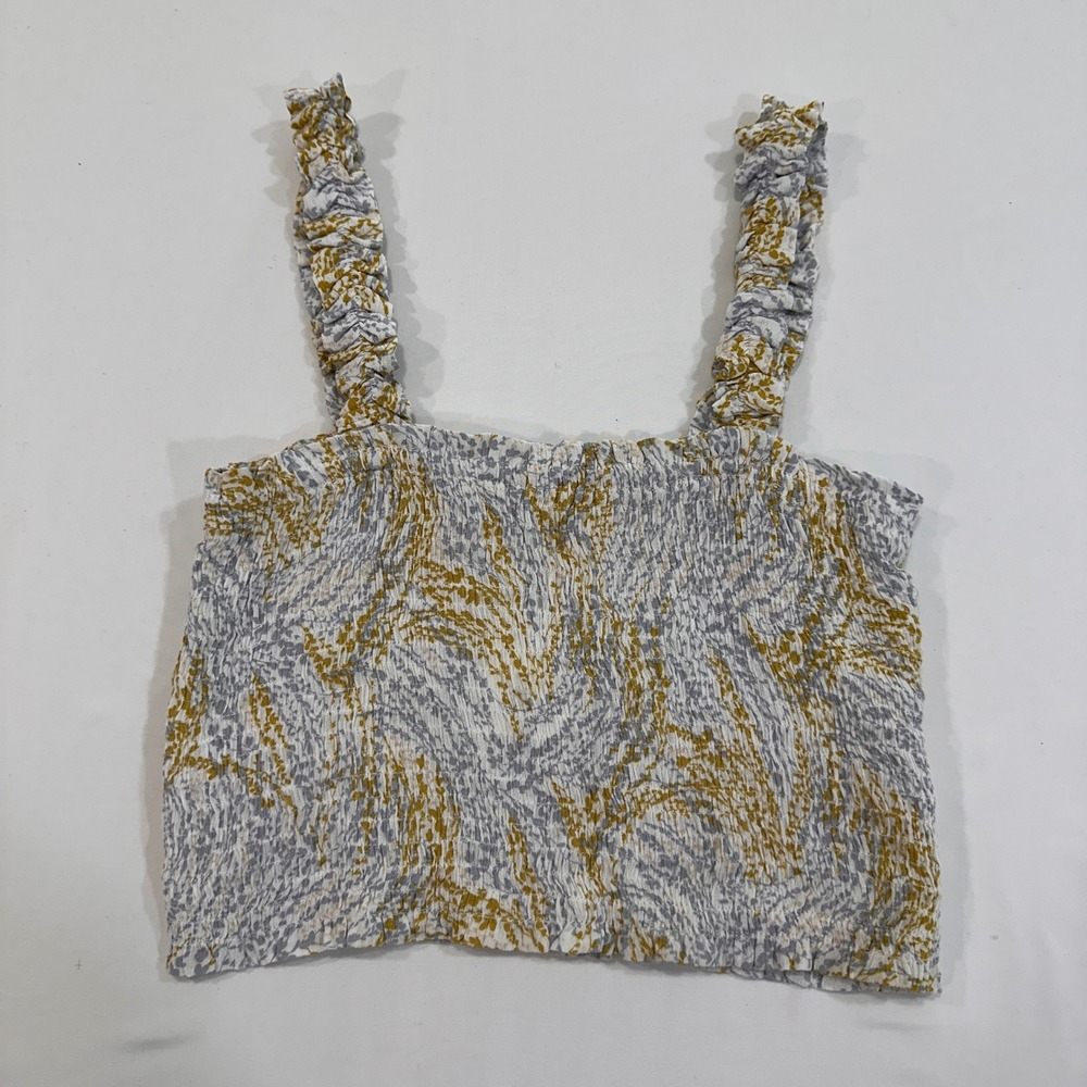 Paper Crane Smocked Ruffle Strap Crop Top Women Medium Yellow Grey | Boho Summer